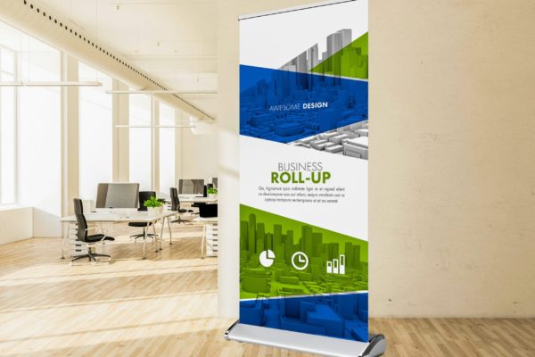 awesome design roll up banner in minimal office 3d rendering